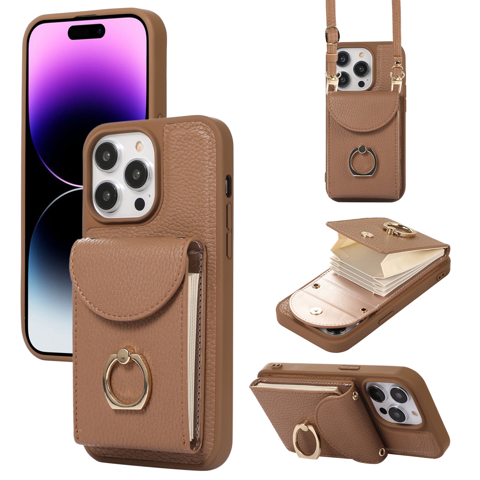 For iPhone 14 Pro Max Accordion Style Card Slots Case Leather Coated TPU Phone Kickstand Cover with Shoulder Strap