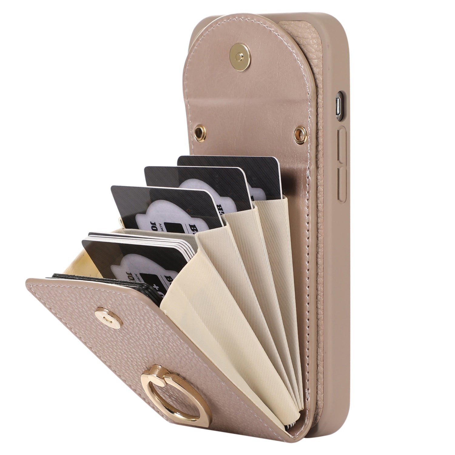 For iPhone 14 Pro Max Accordion Style Card Slots Case Leather Coated TPU Phone Kickstand Cover with Shoulder Strap