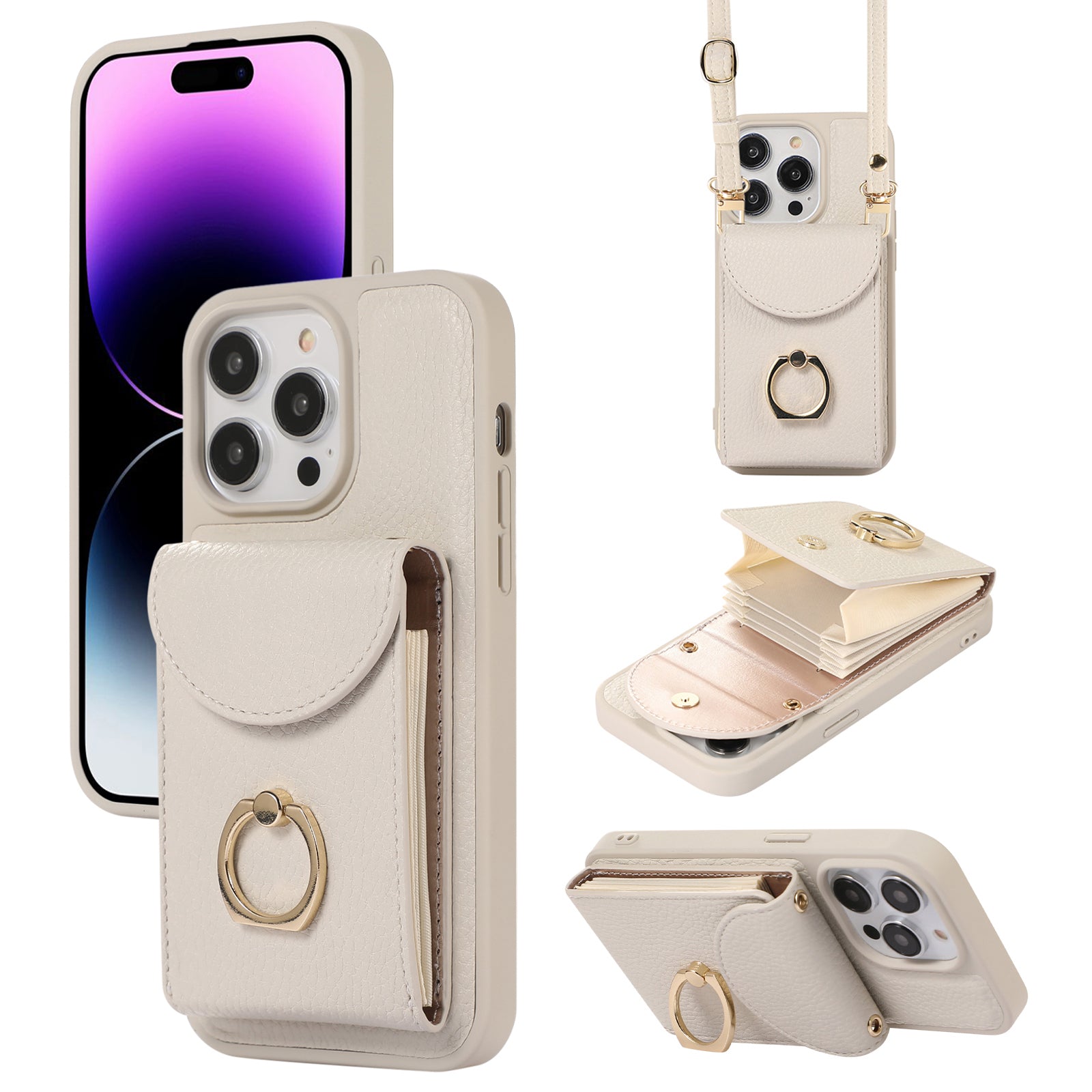 For iPhone 14 Pro Max Accordion Style Card Slots Case Leather Coated TPU Phone Kickstand Cover with Shoulder Strap