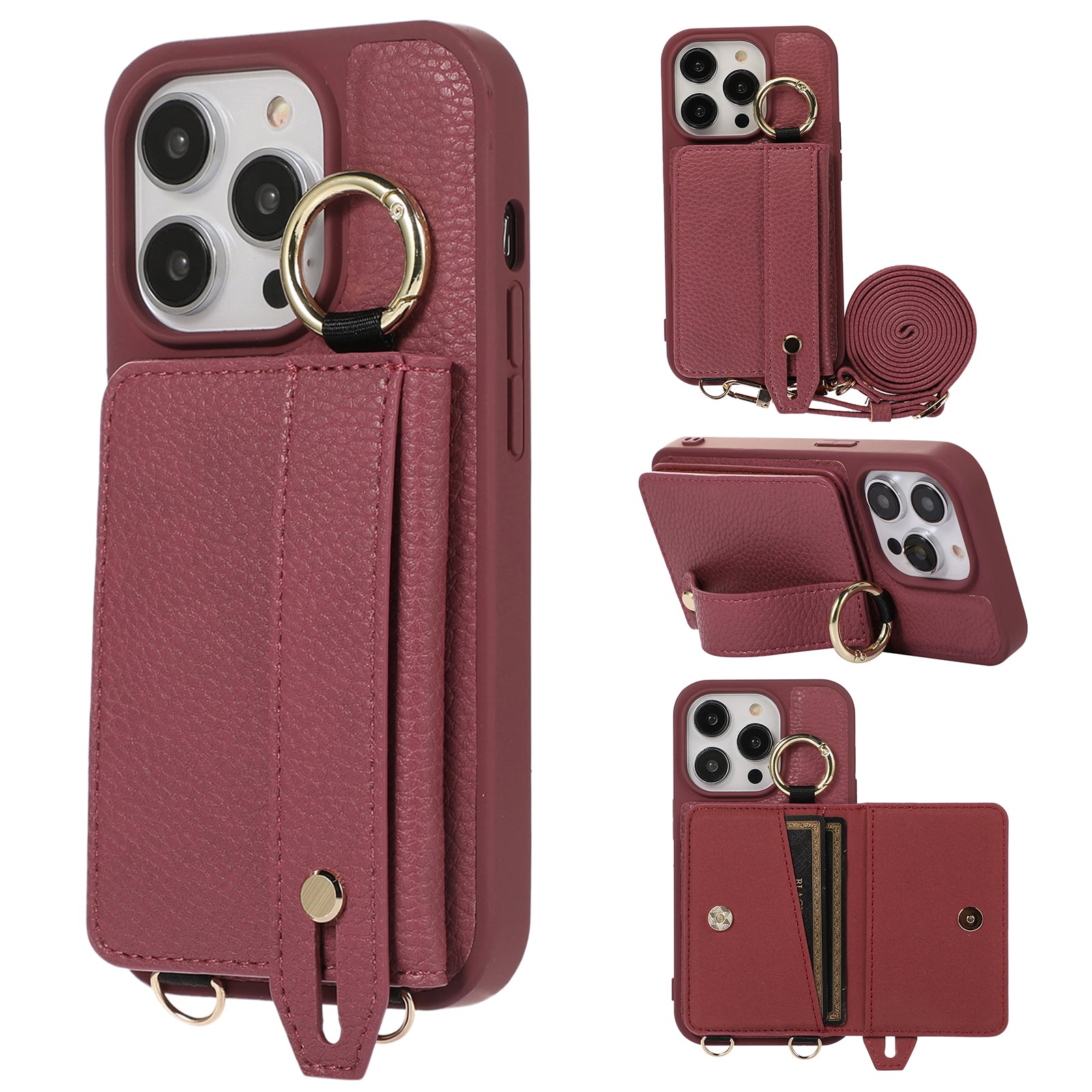 For iPhone 14 Pro Max Hand Strap Kickstand Phone Case Card Holder Leather TPU Cover with Shoulder Strap