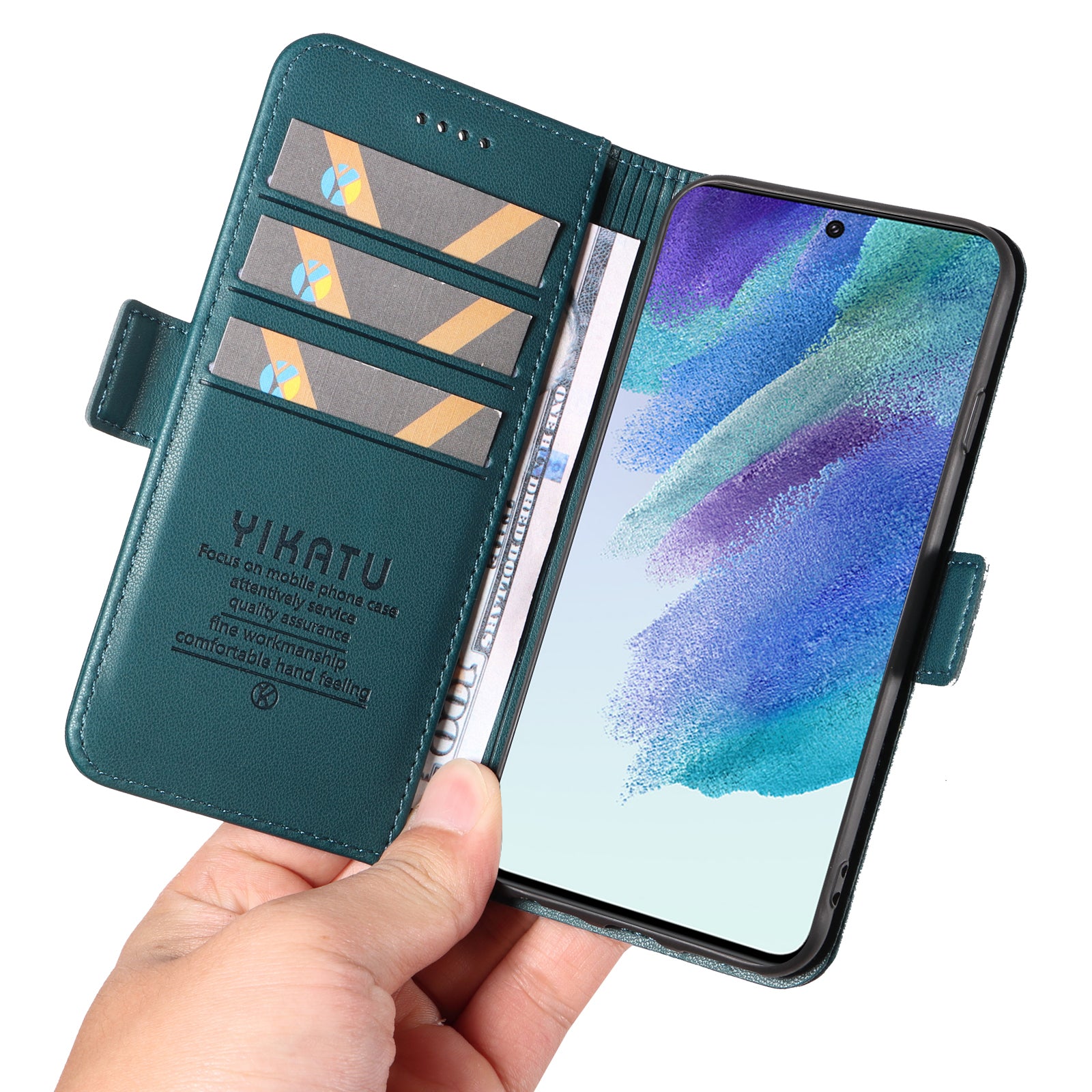 YIKATU YK-003 pro Samsung Galaxy S21 FE 5G Flip Cover odolný proti poškrábání PU kožený stojánek Peněženka na telefon