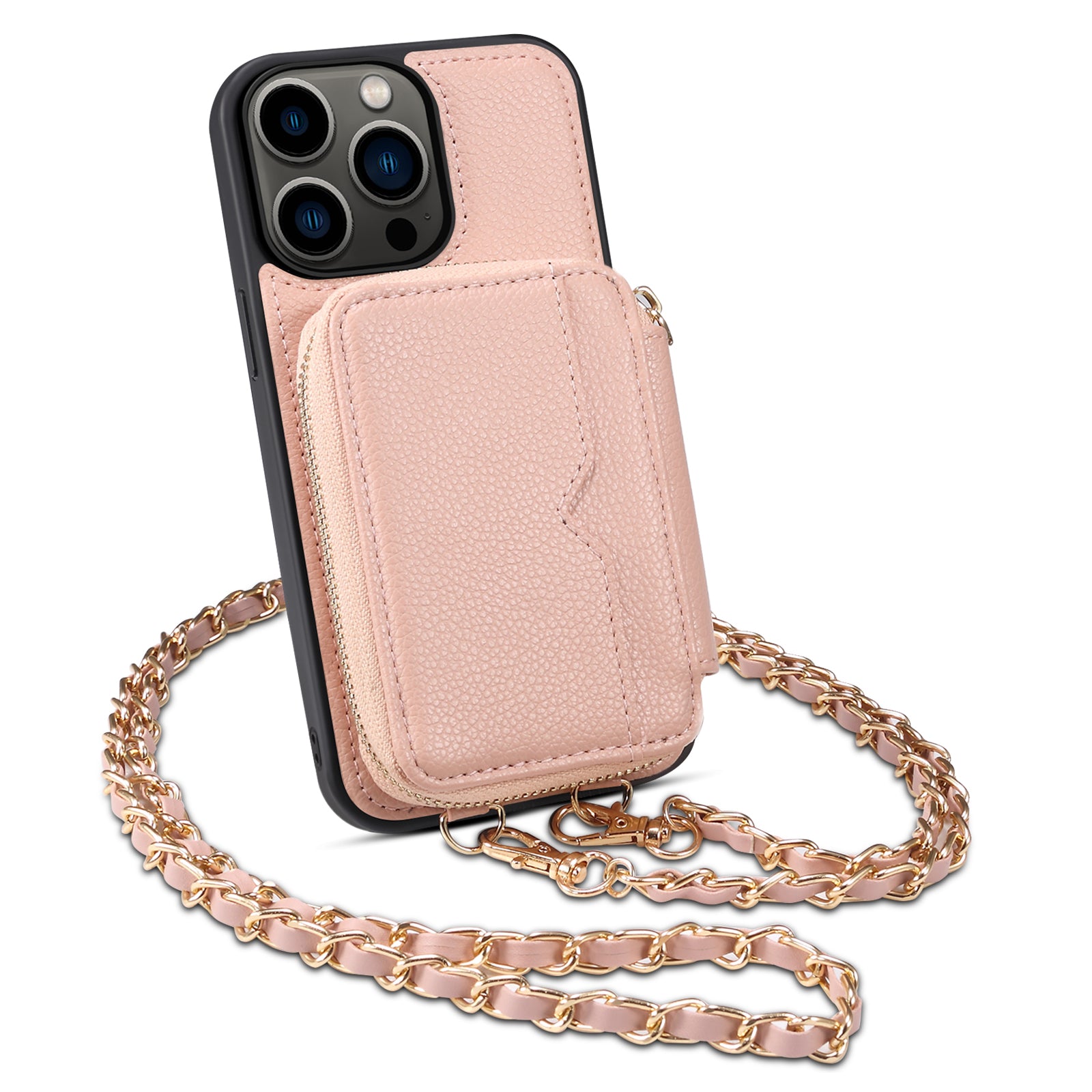 For iPhone 14 Pro Dustproof Phone Shell Kickstand Card Holder Wallet PU Leather TPU Phone Case with Strap