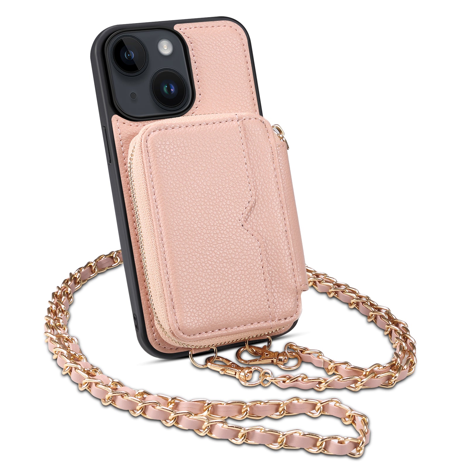 For iPhone 13 6.1 inch Cell Phone Cover Kickstand Card Holder Wallet PU Leather TPU Phone Case with Strap