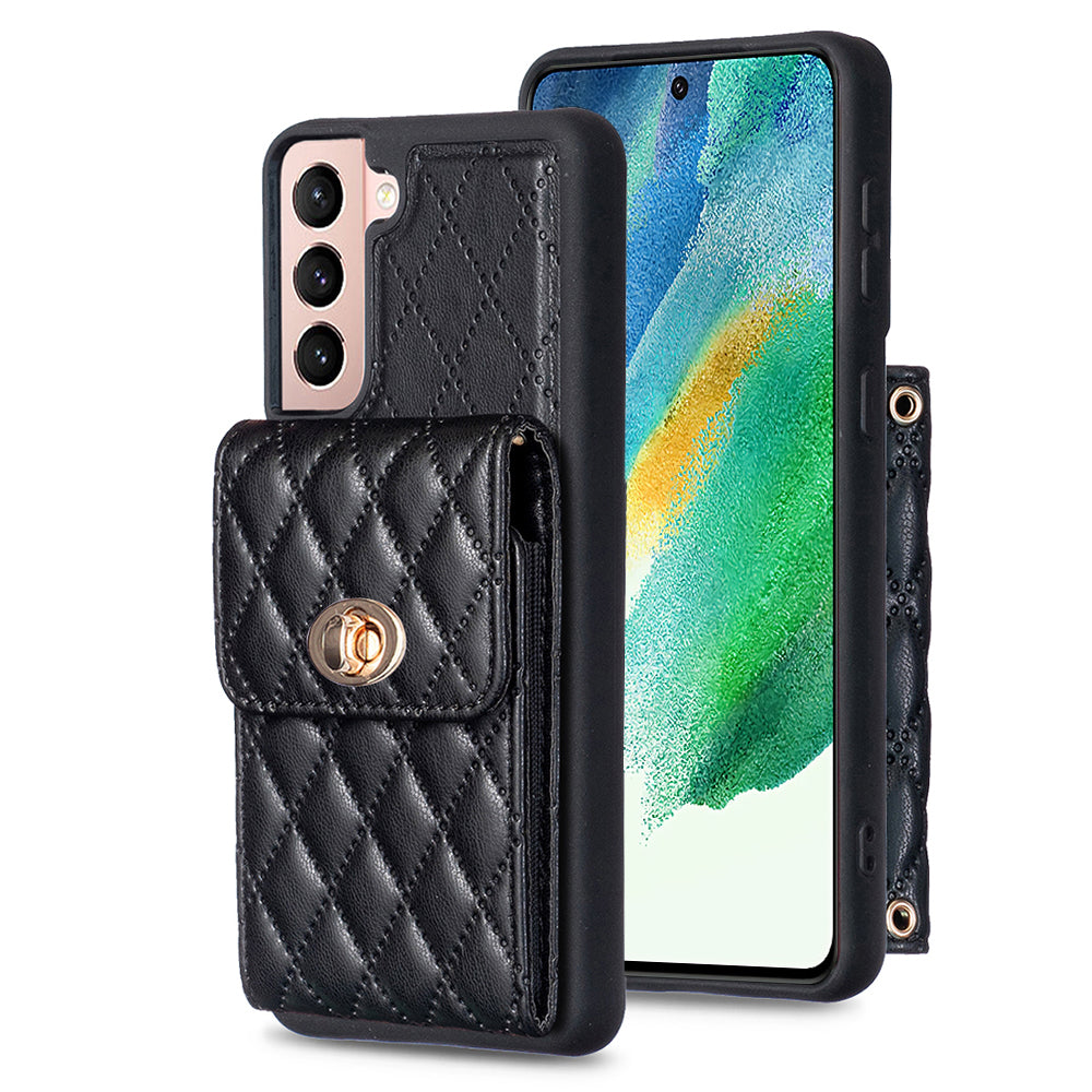 BF20 Phone Cover for Samsung Galaxy S21 FE 5G PU Leather Coated TPU Case with Card Holder and Strap