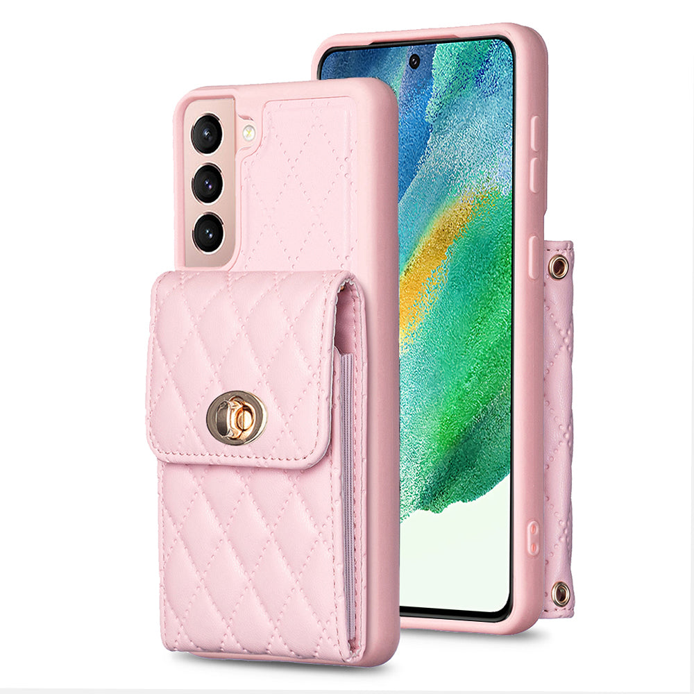 BF20 Phone Cover for Samsung Galaxy S21 FE 5G PU Leather Coated TPU Case with Card Holder and Strap