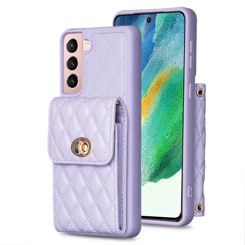 BF20 Phone Cover for Samsung Galaxy S21 FE 5G PU Leather Coated TPU Case with Card Holder and Strap