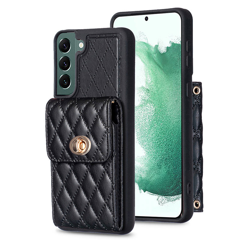 BF20 Anti-drop Phone Cover for Samsung Galaxy S22 5G PU Leather Coated TPU Case with Card Holder and Strap