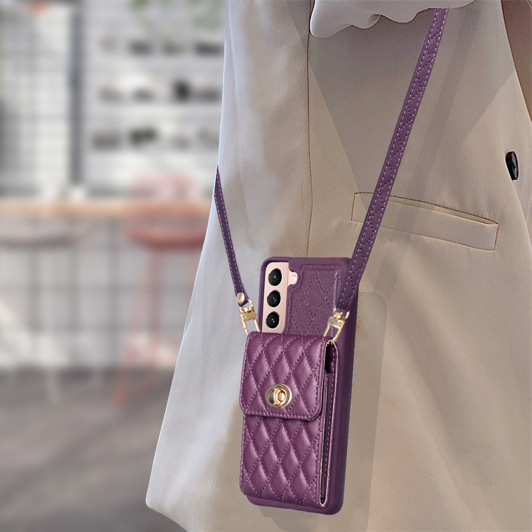 BF20 Card Holder Phone Cover for Samsung Galaxy S21 5G PU Leather Coated TPU Case with Strap