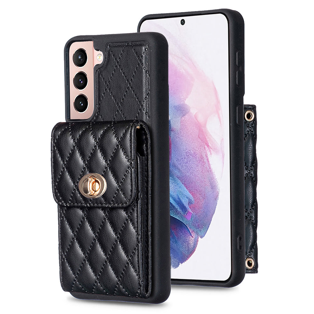 BF20 Card Holder Phone Cover for Samsung Galaxy S21 5G PU Leather Coated TPU Case with Strap