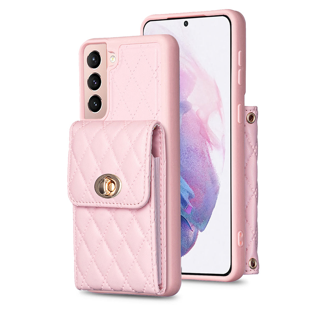 BF20 Card Holder Phone Cover for Samsung Galaxy S21 5G PU Leather Coated TPU Case with Strap