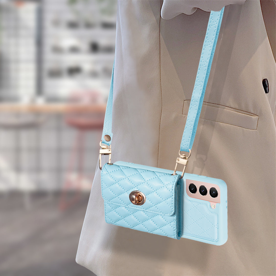 BF21-Style For Samsung Galaxy S21 5G PU Leather TPU Phone Case Card Bag Kickstand Anti-drop Cover with Shoulder Strap