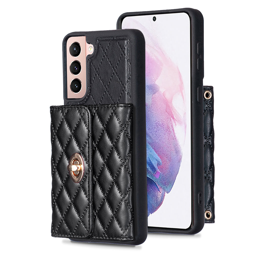 BF21-Style For Samsung Galaxy S21 5G PU Leather TPU Phone Case Card Bag Kickstand Anti-drop Cover with Shoulder Strap