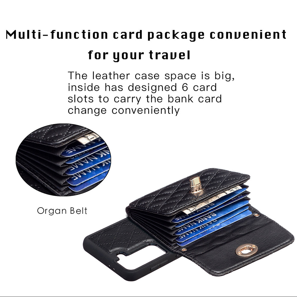 BF21-Style For Samsung Galaxy S21 5G PU Leather TPU Phone Case Card Bag Kickstand Anti-drop Cover with Shoulder Strap