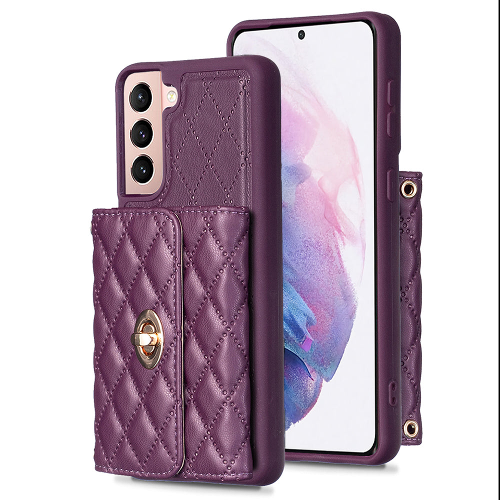 BF21-Style For Samsung Galaxy S21 5G PU Leather TPU Phone Case Card Bag Kickstand Anti-drop Cover with Shoulder Strap