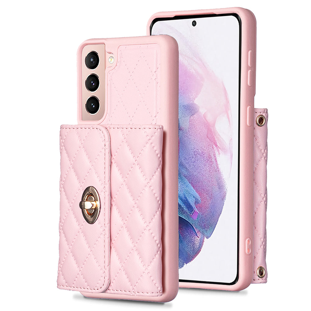 BF21-Style For Samsung Galaxy S21 5G PU Leather TPU Phone Case Card Bag Kickstand Anti-drop Cover with Shoulder Strap