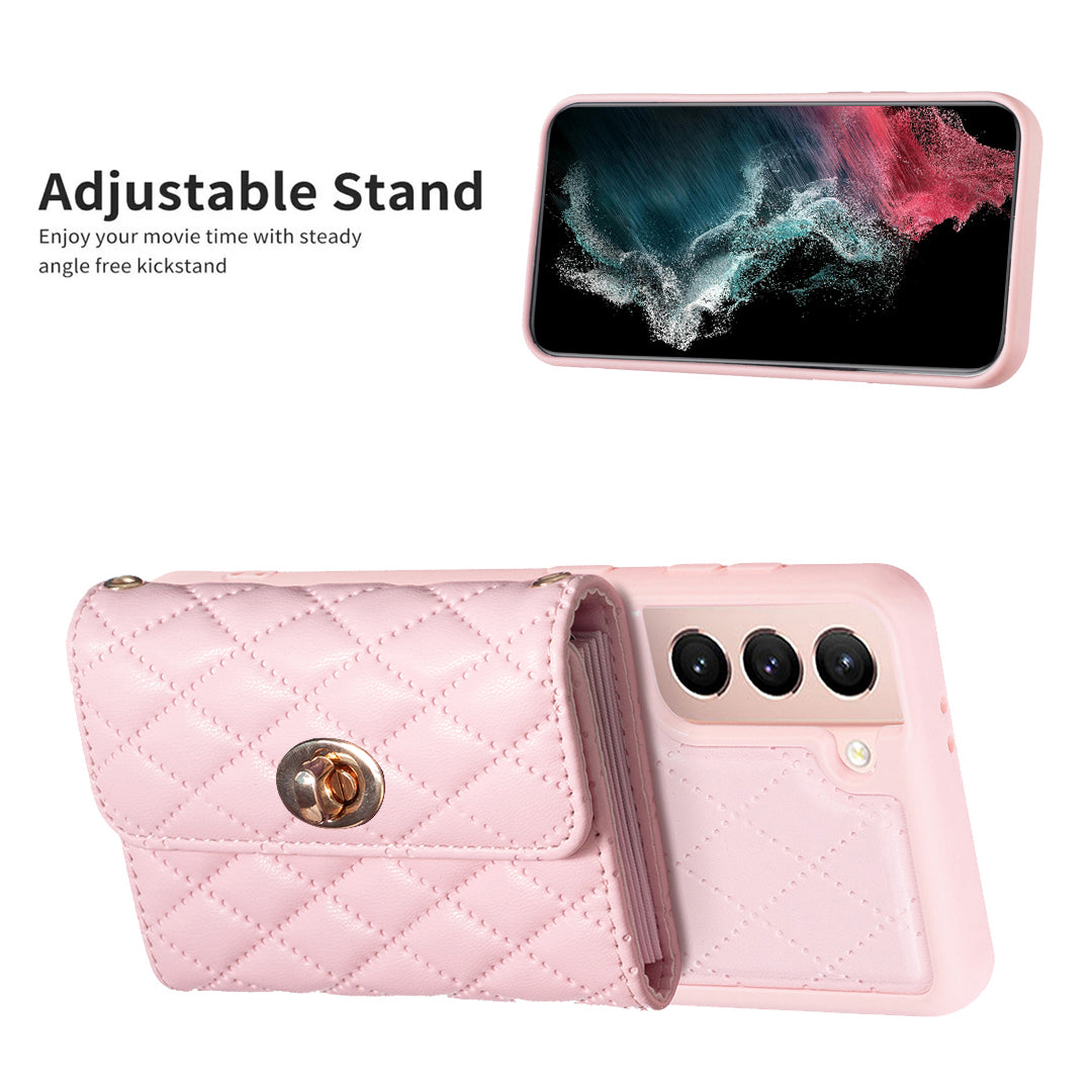 BF21-Style For Samsung Galaxy S21 5G PU Leather TPU Phone Case Card Bag Kickstand Anti-drop Cover with Shoulder Strap