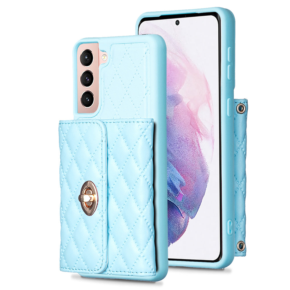 BF21-Style For Samsung Galaxy S21 5G / 4G Card Bag Kickstand Back Cover PU Leather TPU Phone Case with Long Strap