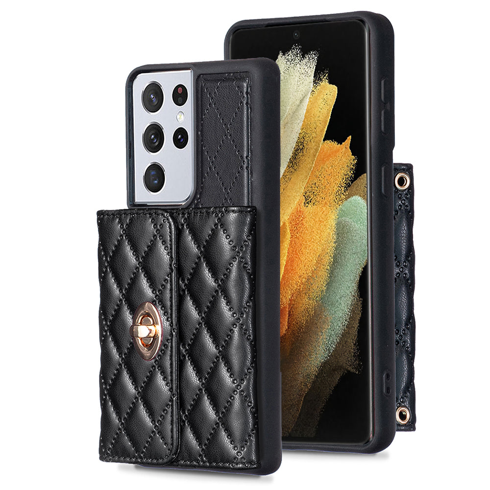BF21-Style For Samsung Galaxy S21 Ultra 5G PU Leather TPU Phone Protective Case Card Holder Kickstand Cover with Shoulder Strap