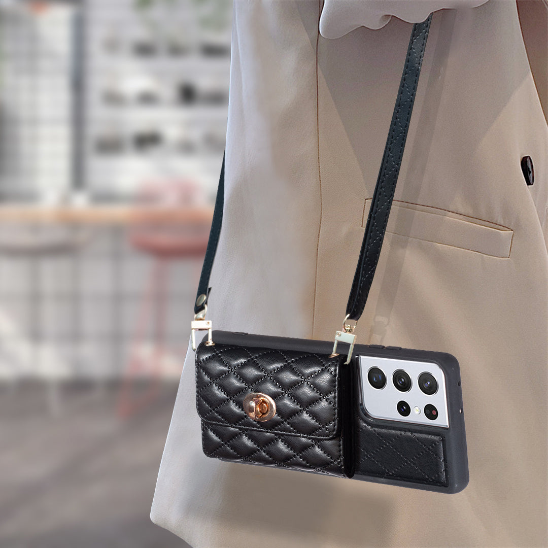 BF21-Style For Samsung Galaxy S21 Ultra 5G PU Leather TPU Phone Protective Case Card Holder Kickstand Cover with Shoulder Strap