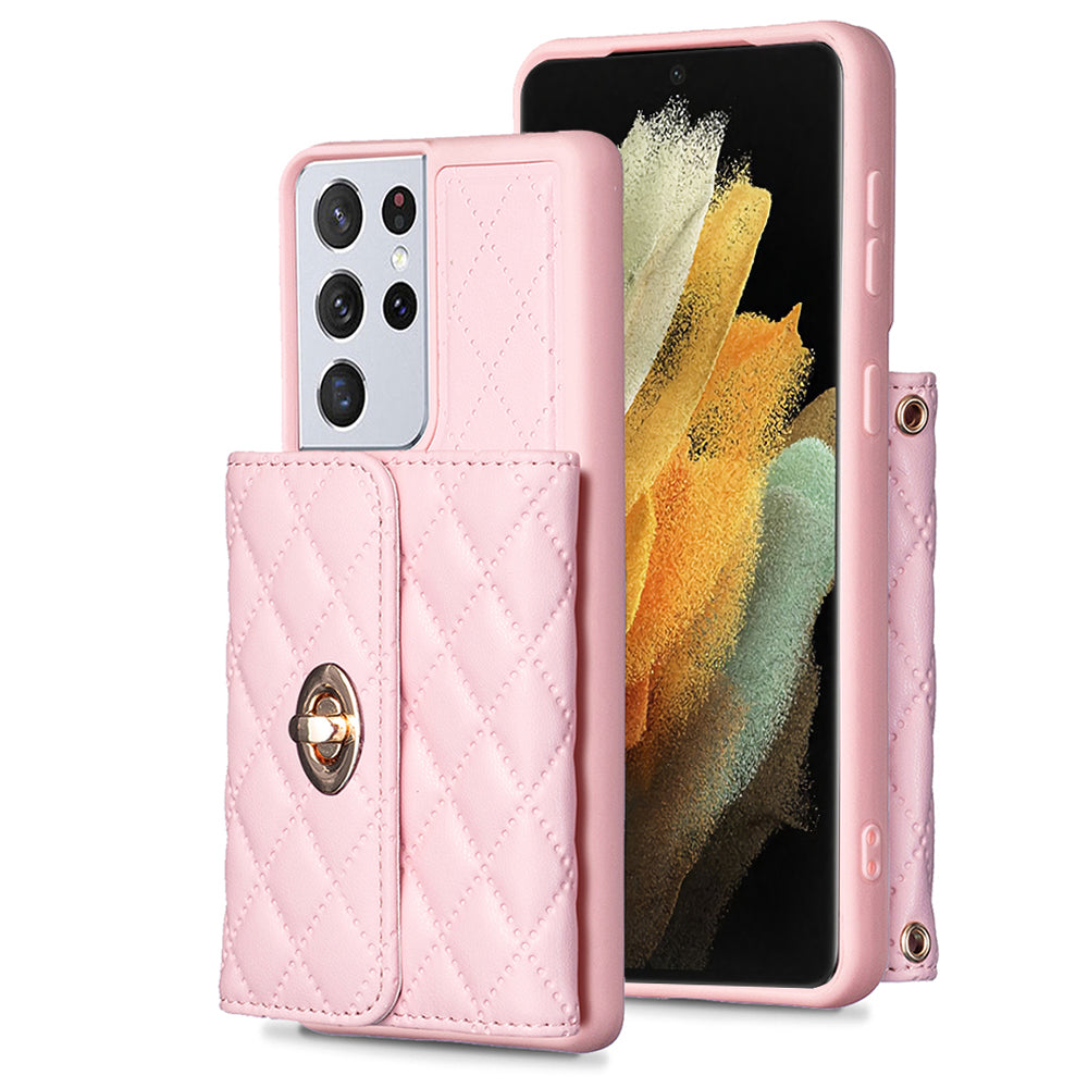 BF21-Style For Samsung Galaxy S21 Ultra 5G PU Leather TPU Phone Protective Case Card Holder Kickstand Cover with Shoulder Strap