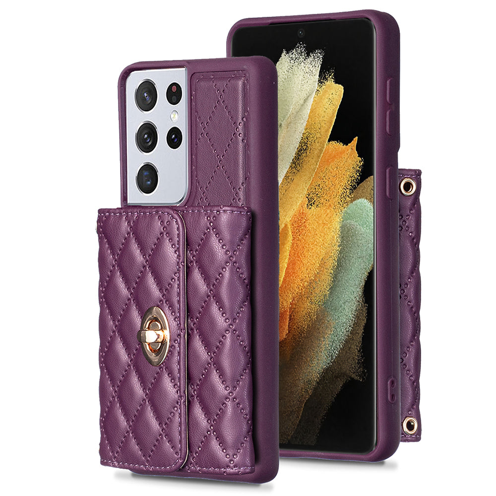 BF21-Style For Samsung Galaxy S21 Ultra 5G PU Leather TPU Phone Protective Case Card Holder Kickstand Cover with Shoulder Strap