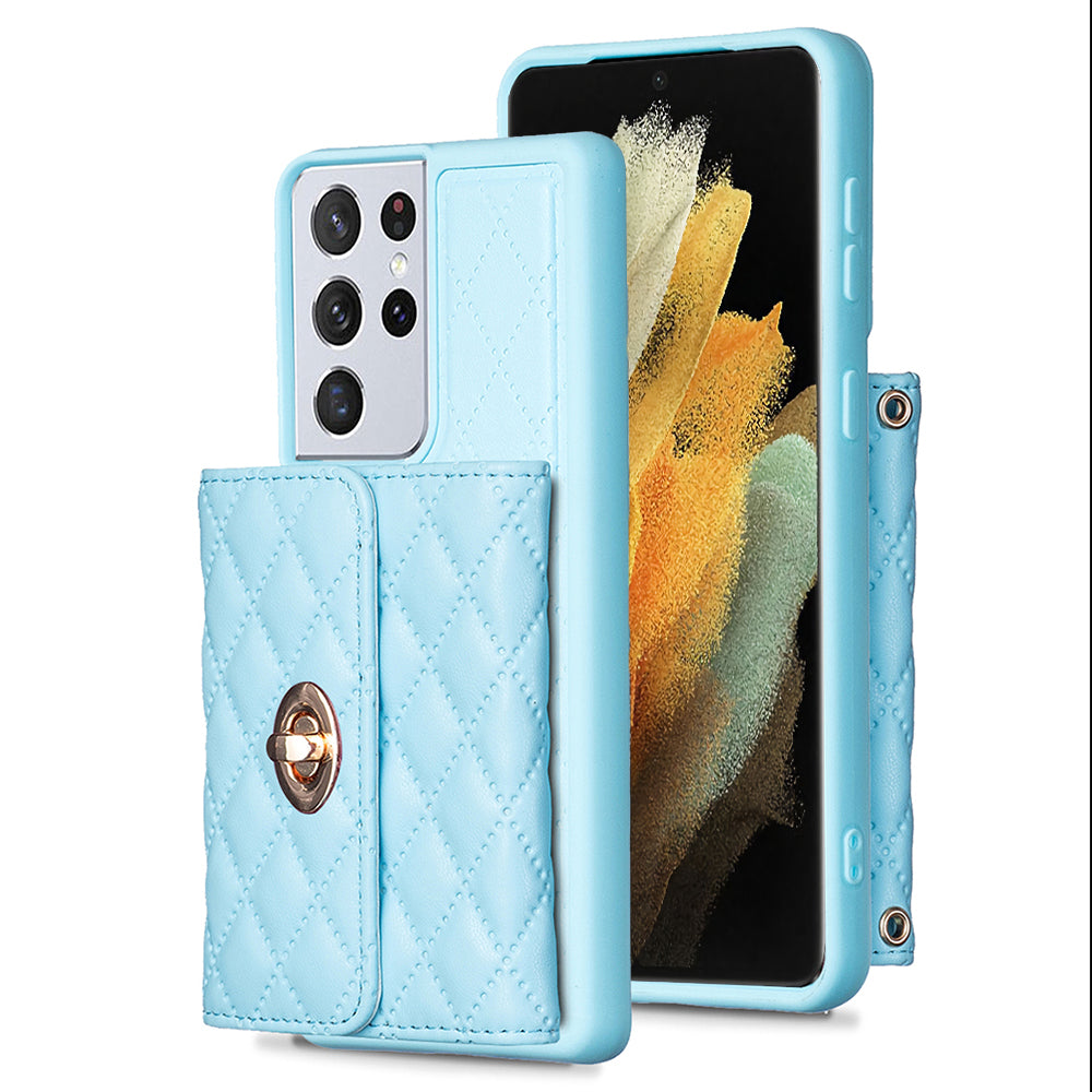 BF21-Style For Samsung Galaxy S21 Ultra 5G PU Leather TPU Phone Protective Case Card Holder Kickstand Cover with Shoulder Strap