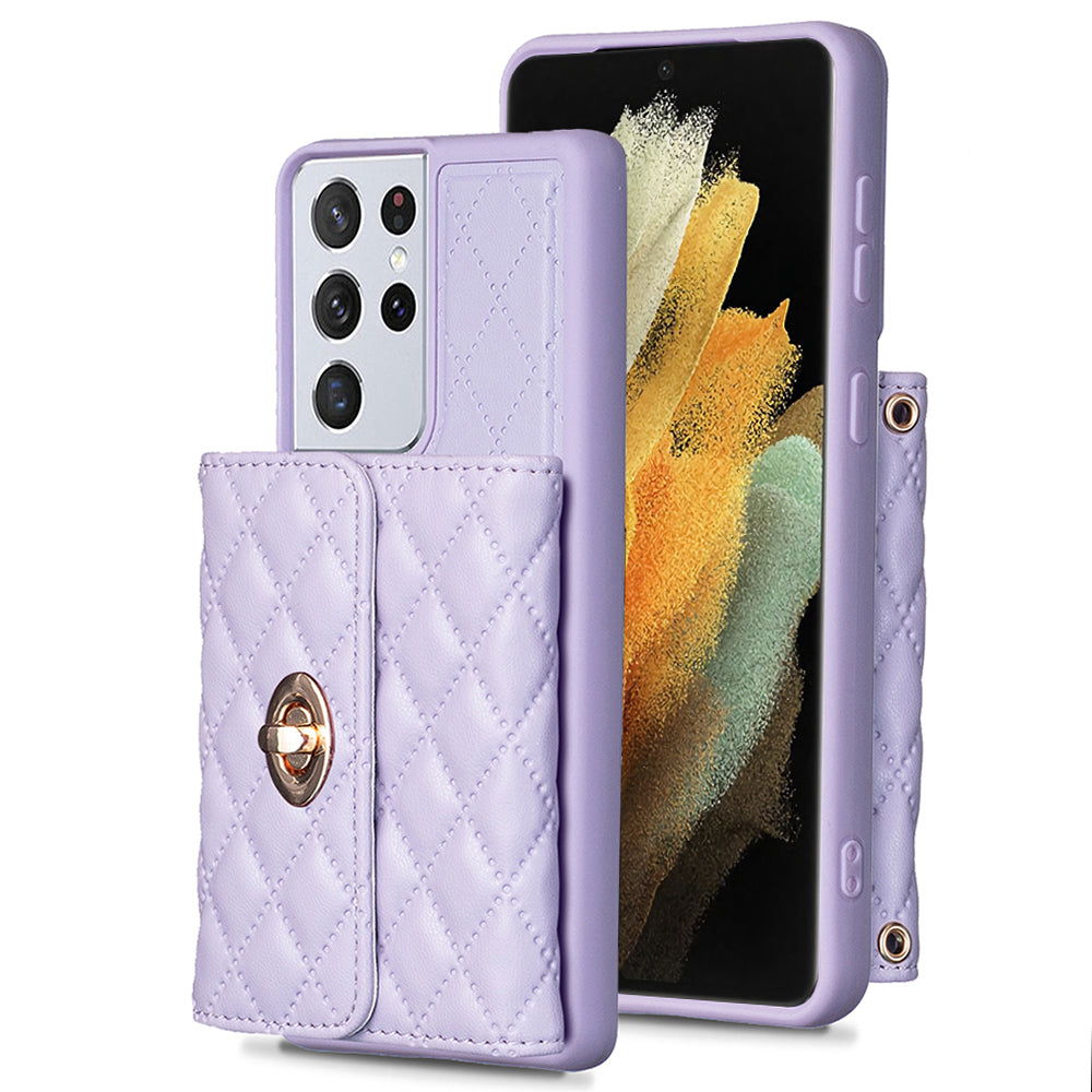 BF21-Style For Samsung Galaxy S21 Ultra 5G PU Leather TPU Phone Protective Case Card Holder Kickstand Cover with Shoulder Strap