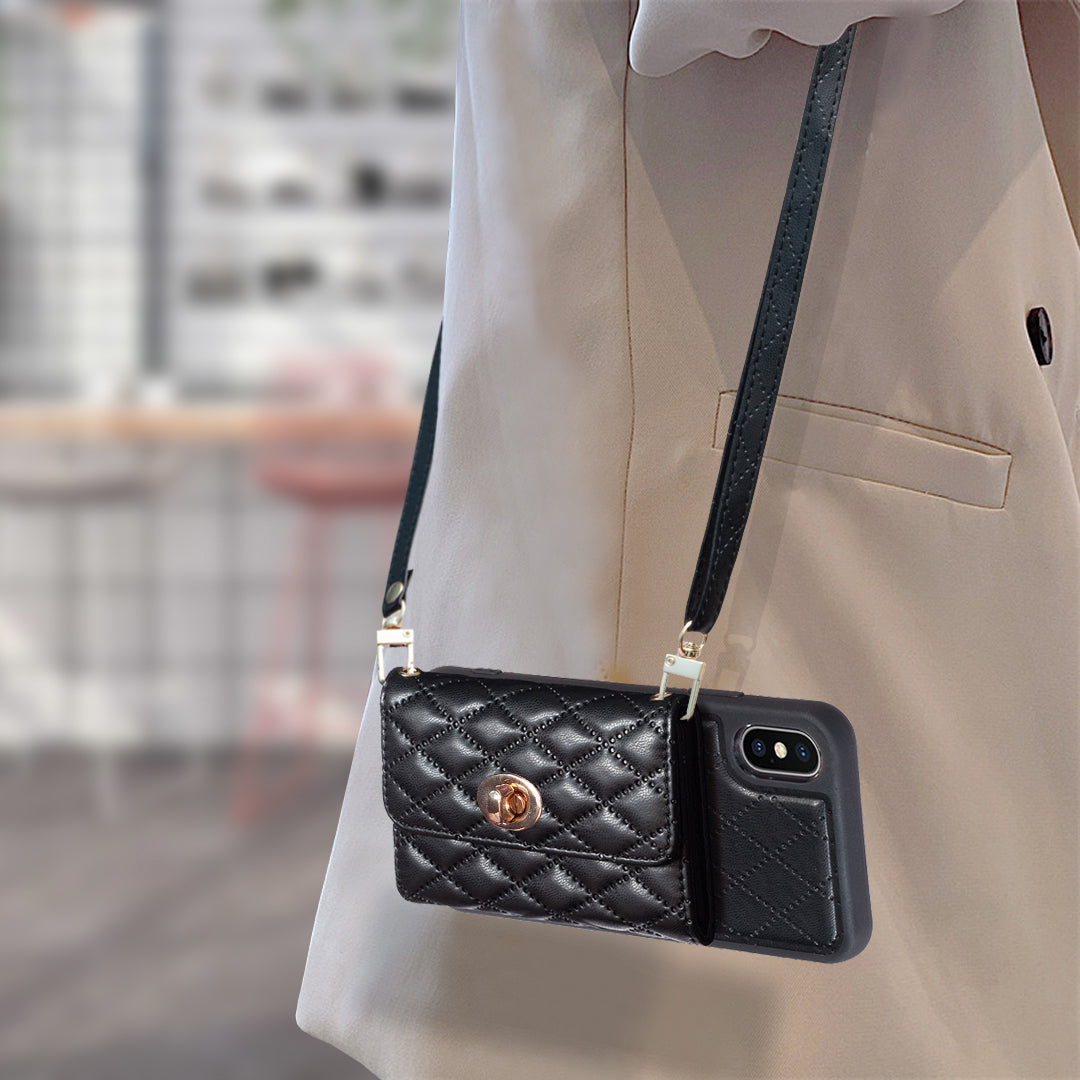 BF21 Kickstand Shell for iPhone XS Max 6.5 inch PU Leather TPU Card Holder Phone Case with Shoulder Strap
