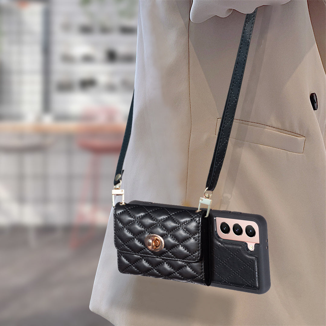 BF21-Style For Samsung Galaxy S21 FE 5G Anti-drop Phone Case Long Strap PU Leather TPU Back Cover with Card Bag Kickstand