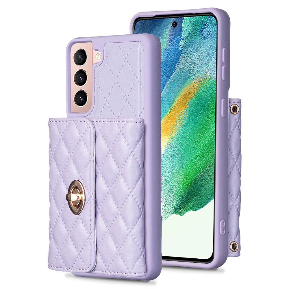 BF21-Style For Samsung Galaxy S21 FE 5G Anti-drop Phone Case Long Strap PU Leather TPU Back Cover with Card Bag Kickstand