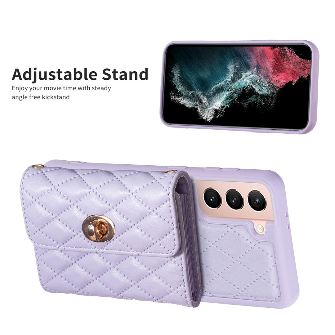 BF21-Style For Samsung Galaxy S21 FE 5G Anti-drop Phone Case Long Strap PU Leather TPU Back Cover with Card Bag Kickstand