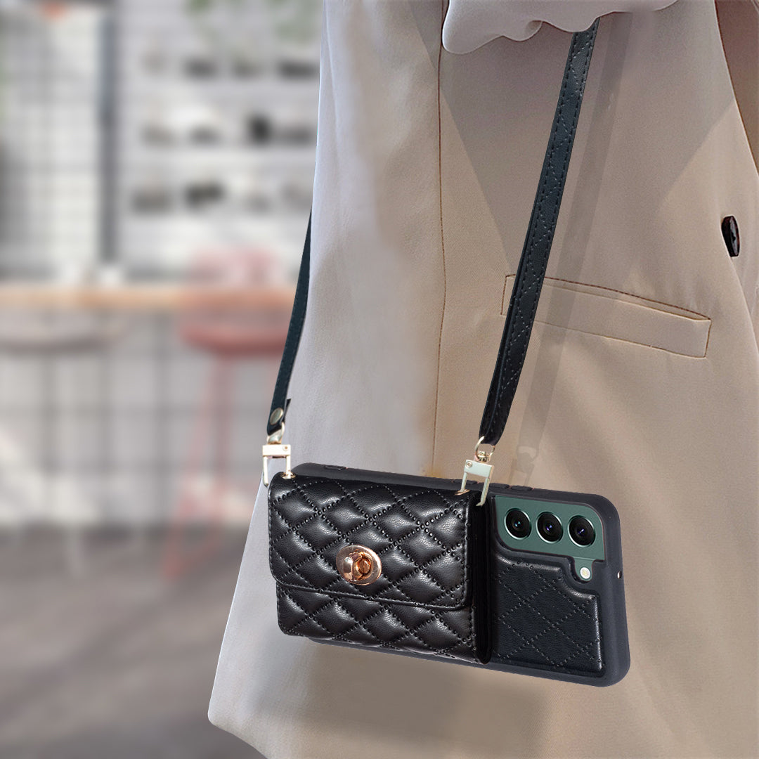 BF21-Style For Samsung Galaxy S22 5G Shockproof Phone Case Card Holder Kickstand PU Leather TPU Cover with Long Strap