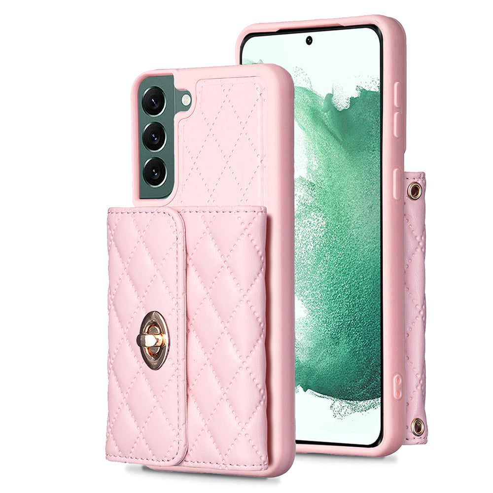 BF21-Style For Samsung Galaxy S22 5G Shockproof Phone Case Card Holder Kickstand PU Leather TPU Cover with Long Strap