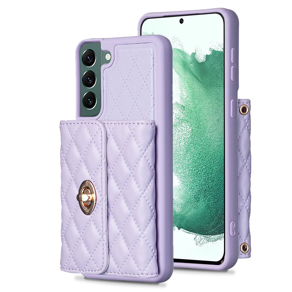 BF21-Style For Samsung Galaxy S22 5G Shockproof Phone Case Card Holder Kickstand PU Leather TPU Cover with Long Strap