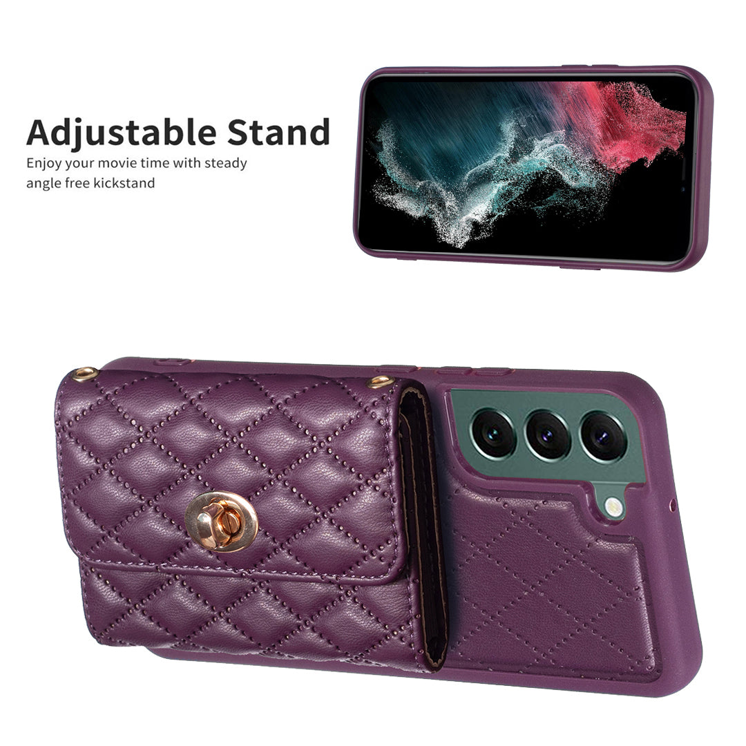 BF21-Style For Samsung Galaxy S22 5G Shockproof Phone Case Card Holder Kickstand PU Leather TPU Cover with Long Strap
