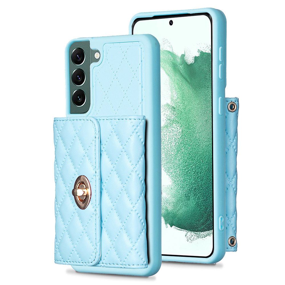 BF21-Style For Samsung Galaxy S22 5G Shockproof Phone Case Card Holder Kickstand PU Leather TPU Cover with Long Strap