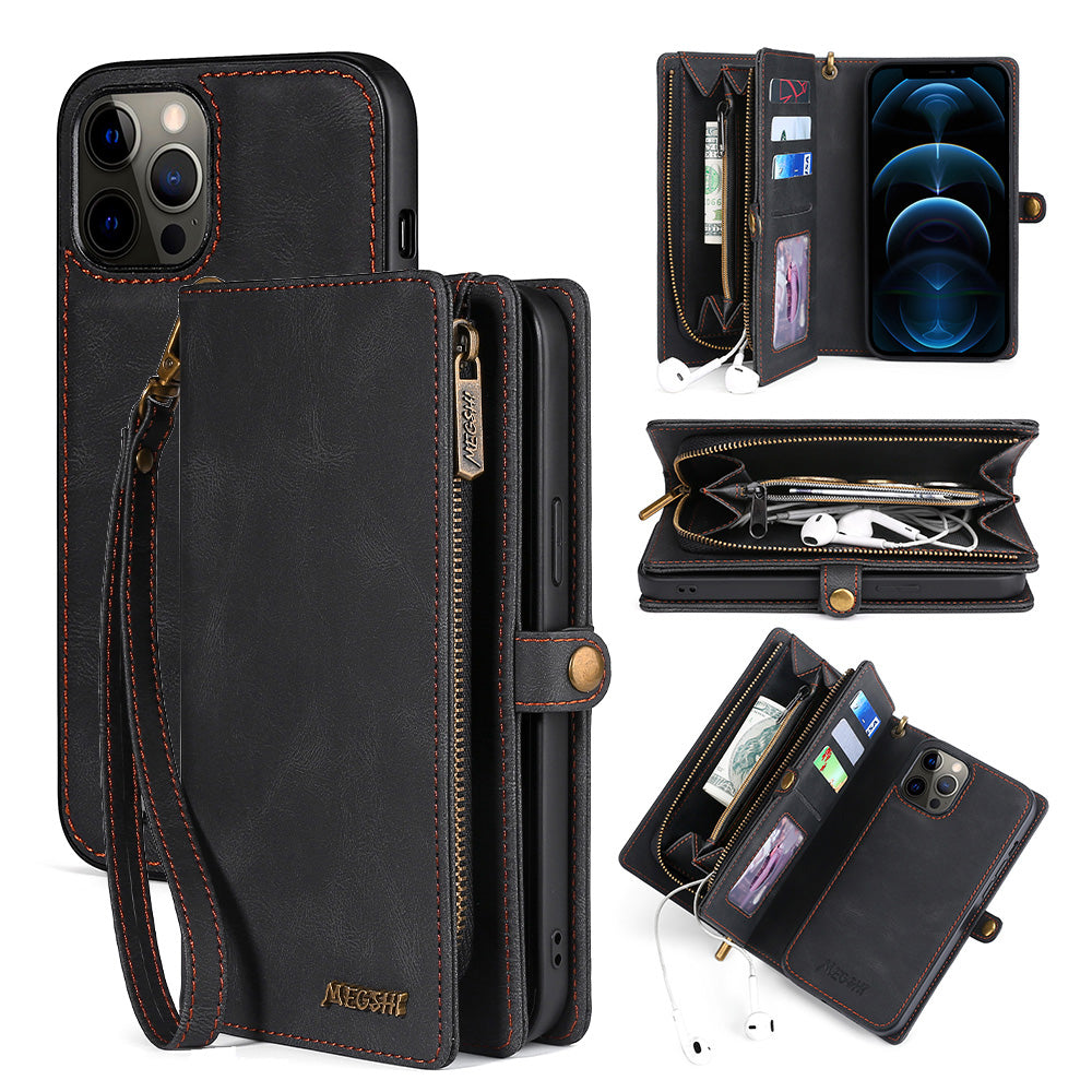 MEGSHI 017 Series For iPhone 12 Pro Max 6.7 inch Magnetic Absorption Zippered Wallet Cover Detachable Leather Case with Handy Strap