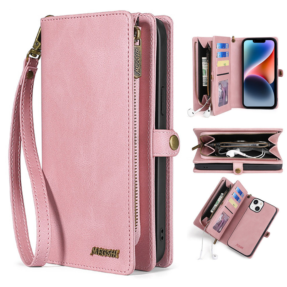 MEGSHI 017 Series For iPhone 14 Detachable Leather Case Magnetic Absorption Zippered Wallet Cover with Handy Strap