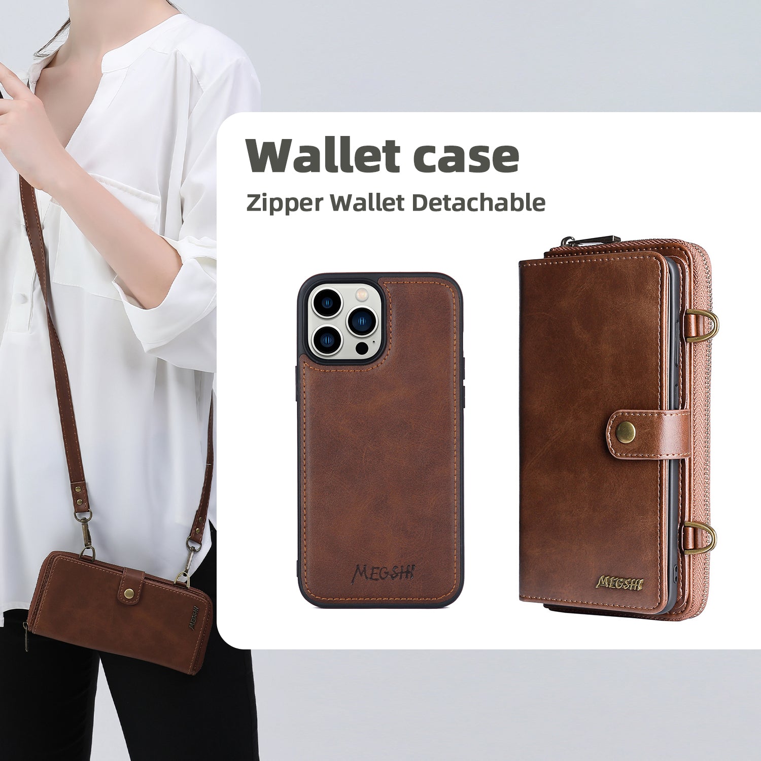 MEGSHI 020 Series for iPhone 14 Pro Max Detachable 2-in-1 Wallet PU Leather Phone Case with Stand