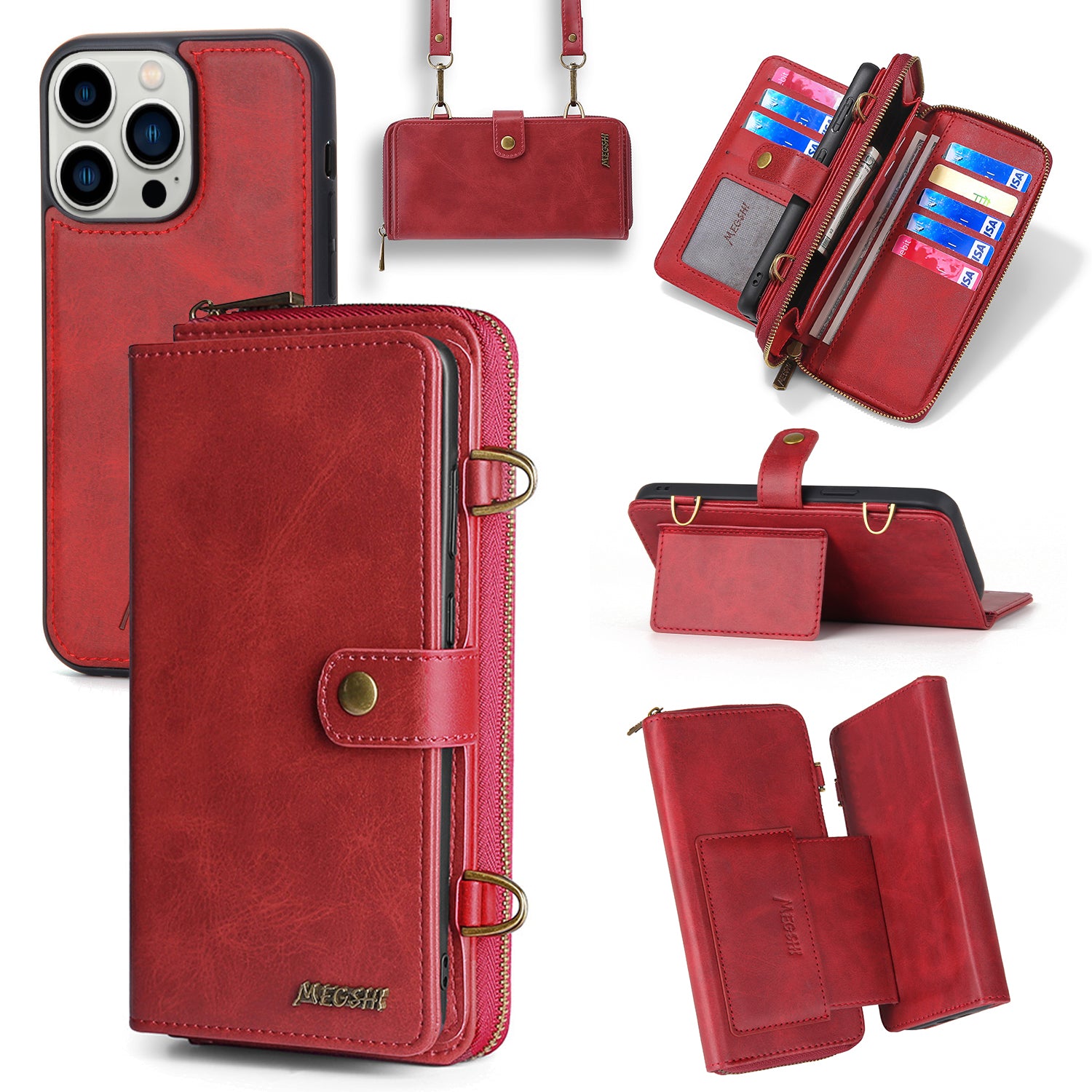 MEGSHI 020 Series for iPhone 14 Pro Max Detachable 2-in-1 Wallet PU Leather Phone Case with Stand
