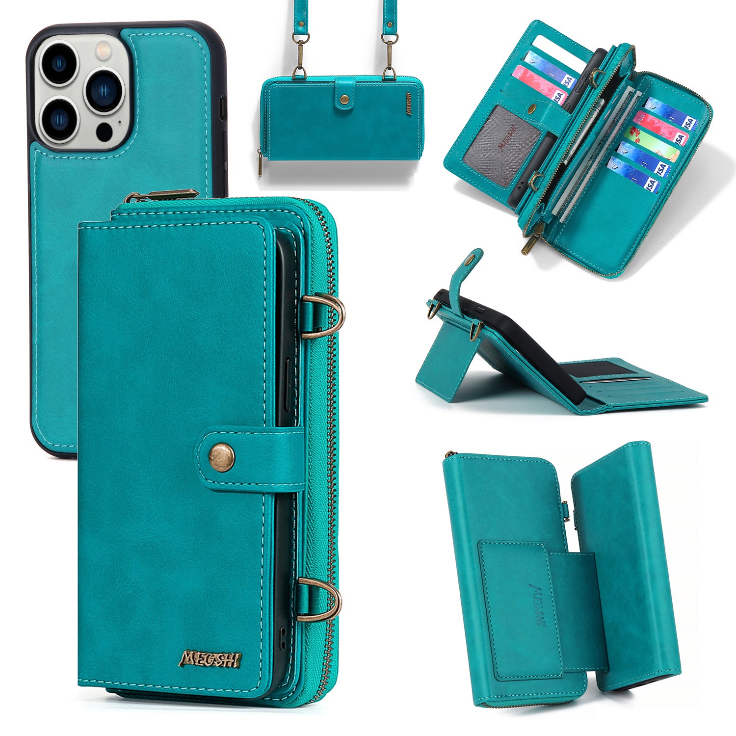 MEGSHI 020 Series for iPhone 14 Pro Max Detachable 2-in-1 Wallet PU Leather Phone Case with Stand