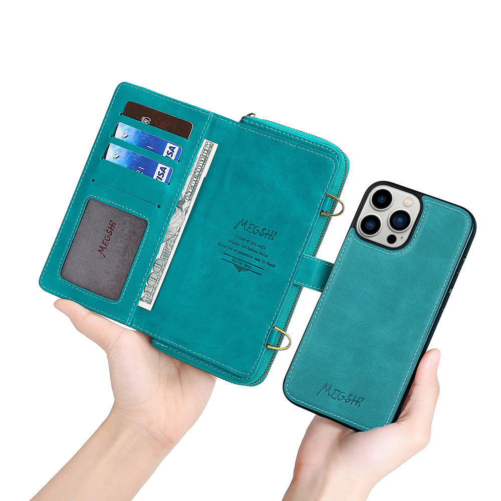 MEGSHI 020 Series for iPhone 14 Pro Max Detachable 2-in-1 Wallet PU Leather Phone Case with Stand