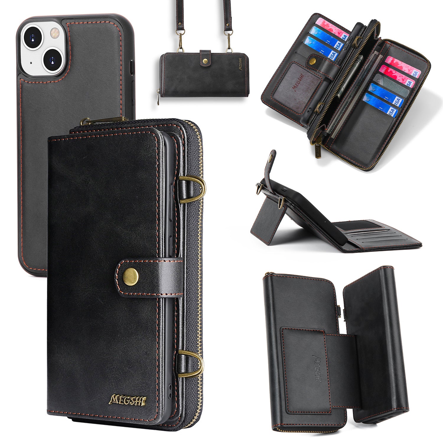 MEGSHI 020 Series for iPhone 14 Shockproof PU Leather Stand Cover Detachable 2-in-1 Wallet Case