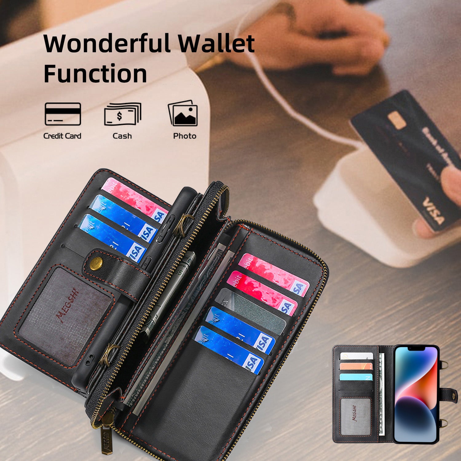 MEGSHI 020 Series for iPhone 14 Shockproof PU Leather Stand Cover Detachable 2-in-1 Wallet Case