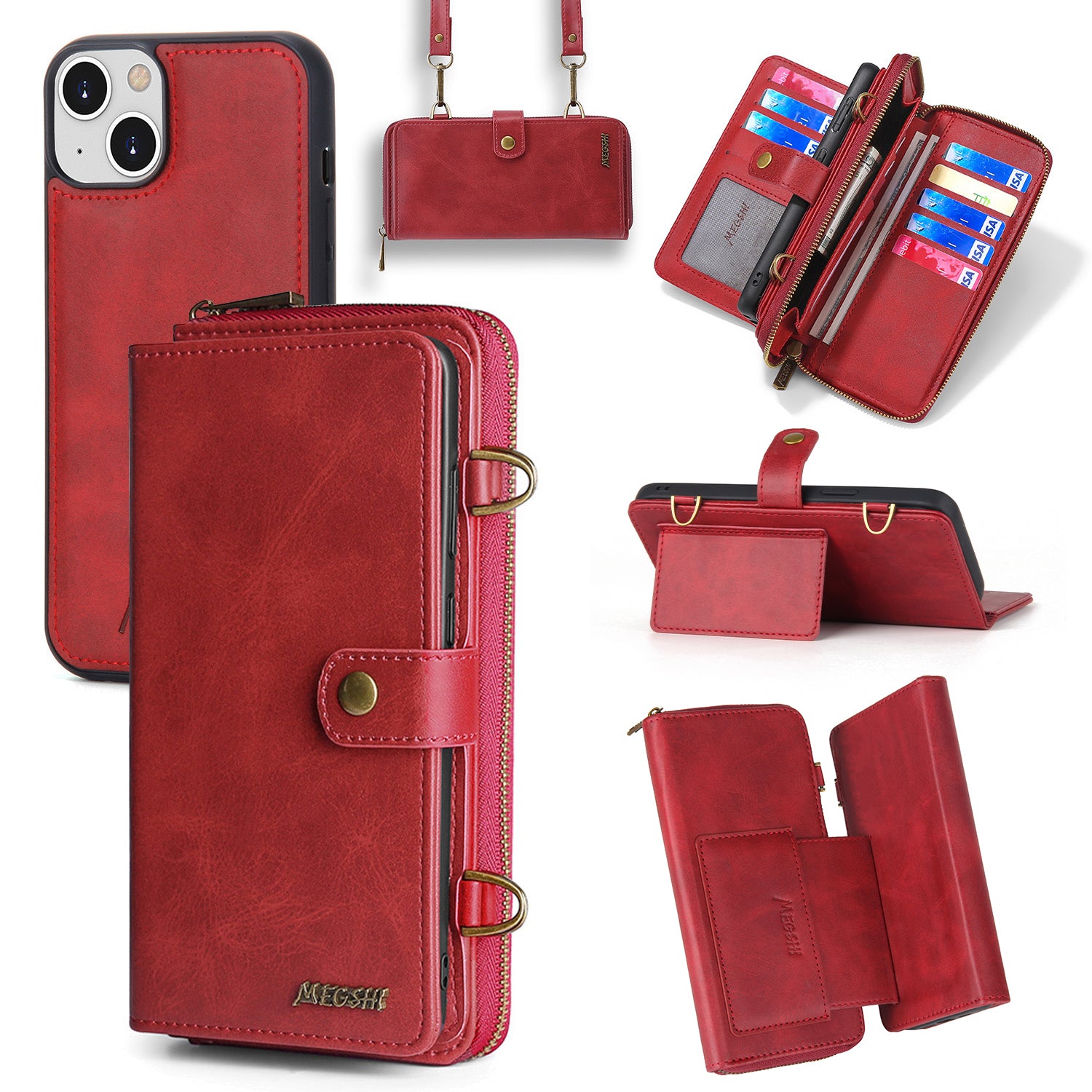 MEGSHI 020 Series for iPhone 14 Shockproof PU Leather Stand Cover Detachable 2-in-1 Wallet Case
