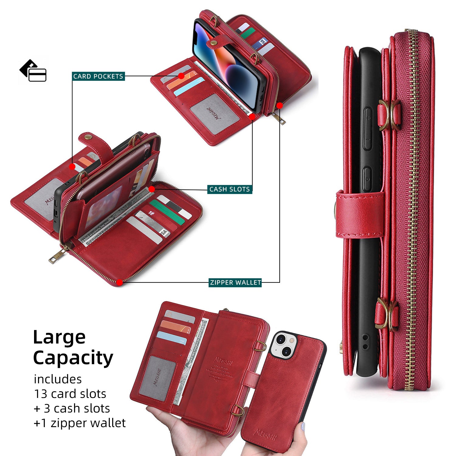 MEGSHI 020 Series for iPhone 14 Shockproof PU Leather Stand Cover Detachable 2-in-1 Wallet Case