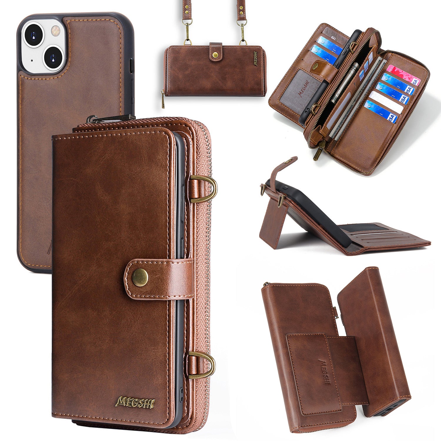 MEGSHI 020 Series for iPhone 14 Shockproof PU Leather Stand Cover Detachable 2-in-1 Wallet Case