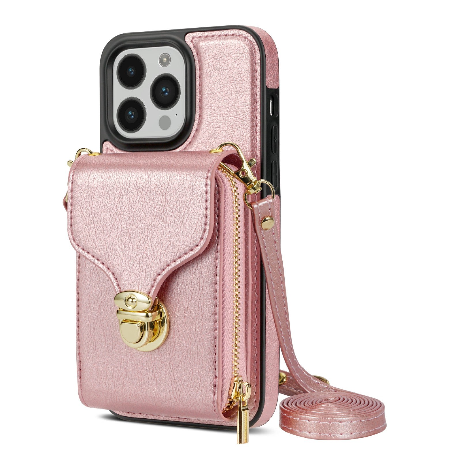 Pro iPhone 14 Pro PU kůže potažená TPU zipem Pouzdro na telefon Slot pro kartu stojánek Nárazuvzdorný kryt 