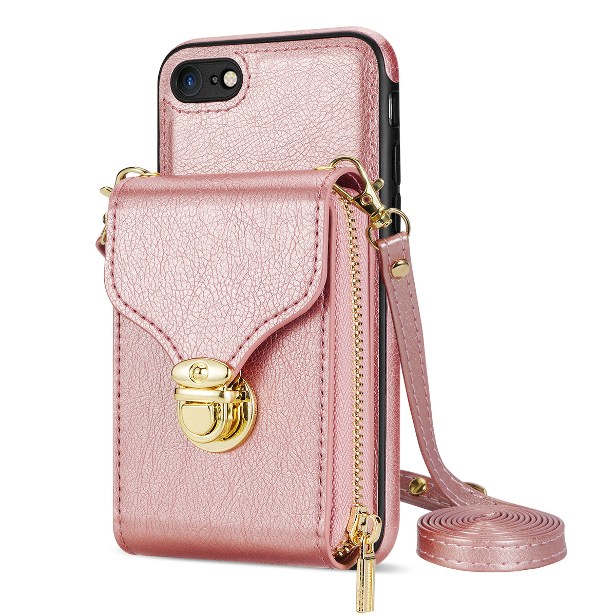 Crossbody Zipper Phone Case for iPhone 7/8 4.7 inch/SE (2020)/SE (2022) PU Leather Coated TPU Card Slot Kickstand Cover