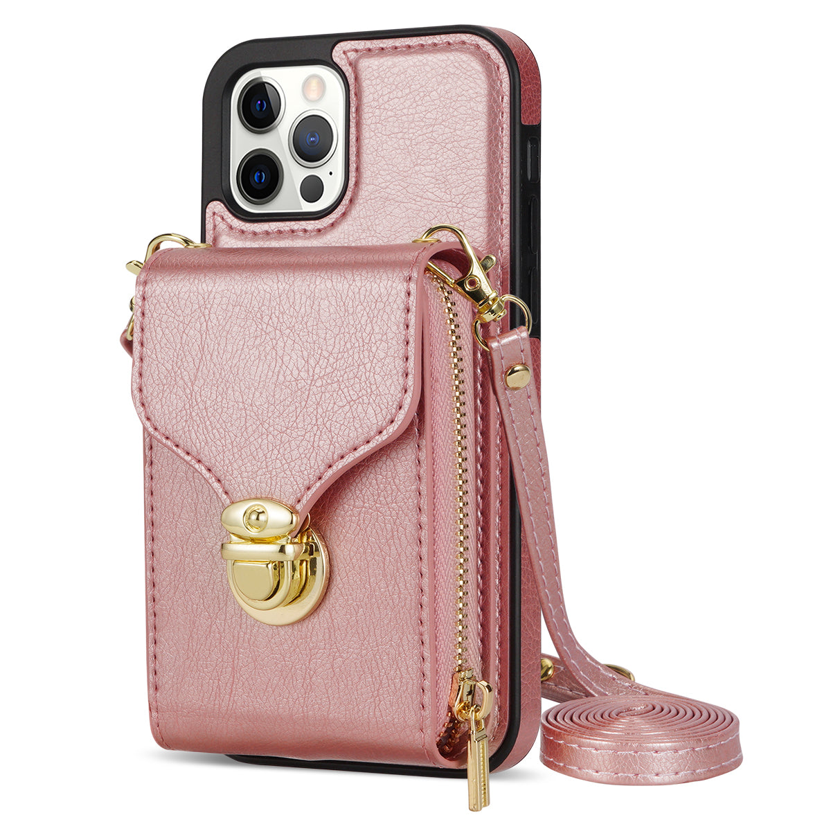 For iPhone 12 Pro Max 6.7 inch Leather Coated TPU Kickstand Case Zipper Card Holder Pouch Phone Cover